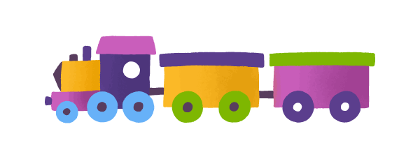 Eine bunte Spielzeugeisenbahn mit einer gelb-violetten Lokomotive, blauen Rädern und zwei aneinandergefügten Waggons – einer gelb mit violettem Dach und einer rosa mit grünem Dach – auf weißem Hintergrund.
